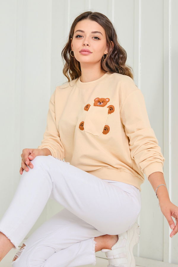 Düz Bisiklet Yaka Kadın Bej Sweat - 23030