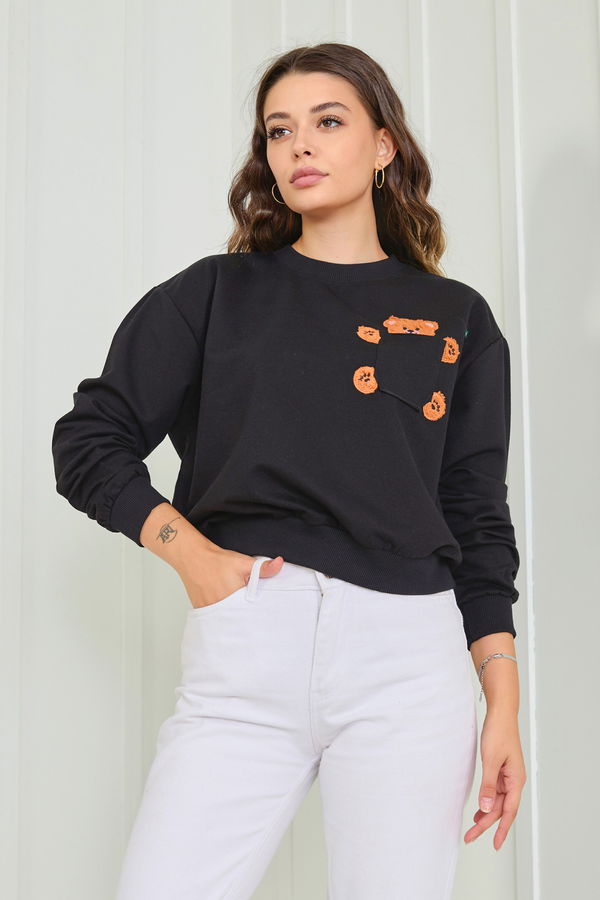 Düz Bisiklet Yaka Kadın Siyah Sweat - 23030