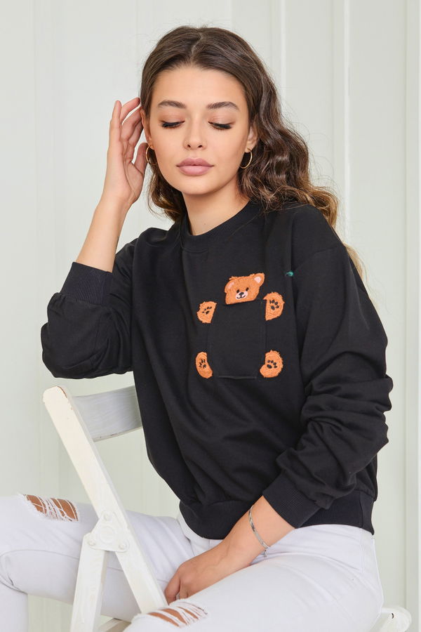 Düz Bisiklet Yaka Kadın Siyah Sweat - 23030