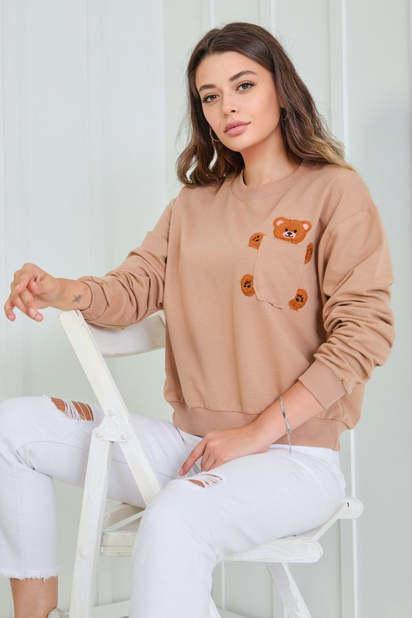 Düz Bisiklet Yaka Kadın Vizon Sweat - 23030