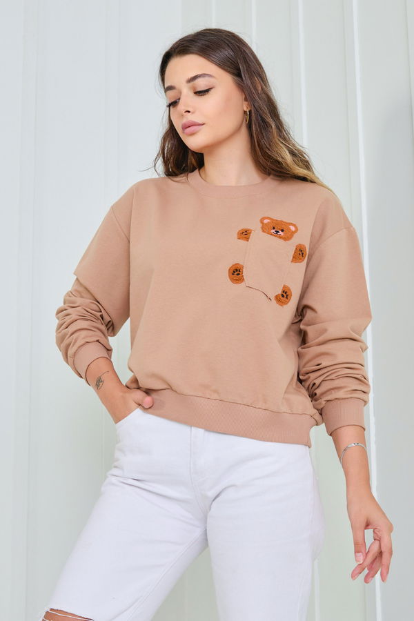 Düz Bisiklet Yaka Kadın Vizon Sweat - 23030