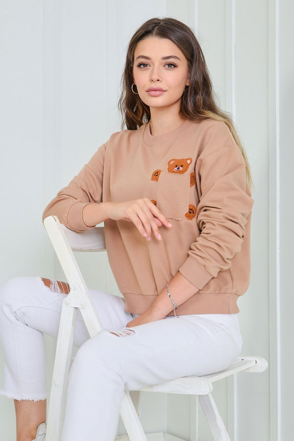 Düz Bisiklet Yaka Kadın Vizon Sweat - 23030