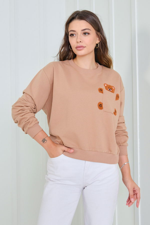 Düz Bisiklet Yaka Kadın Vizon Sweat - 23030