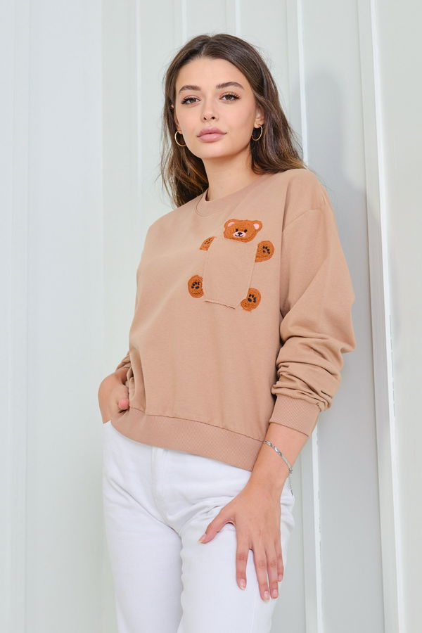 Düz Bisiklet Yaka Kadın Vizon Sweat - 23030