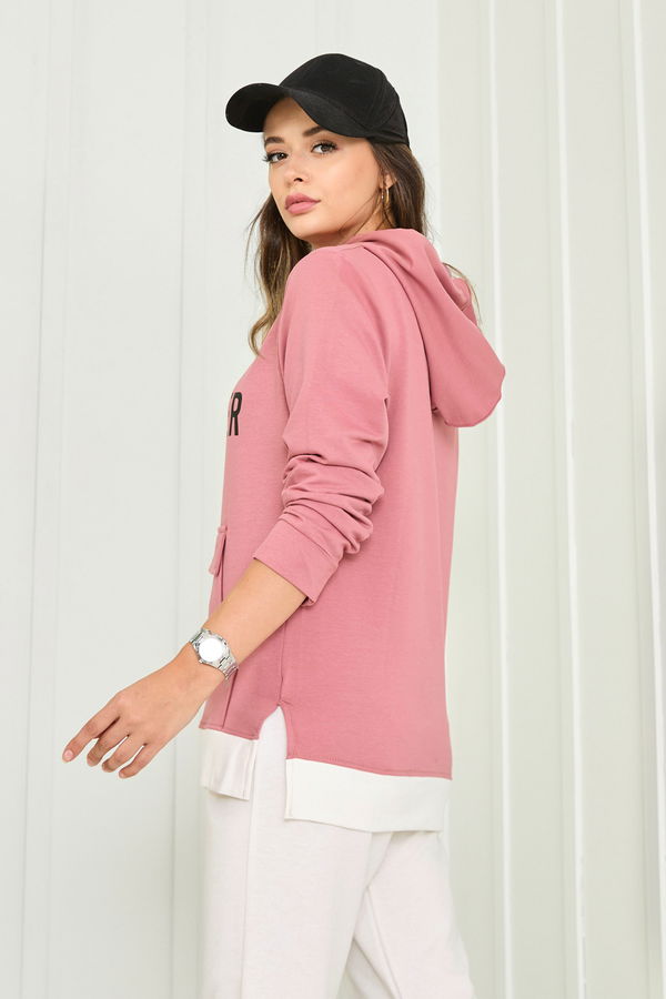 Düz Kapşonlu Yaka Kadın Pembe Sweat - 23040