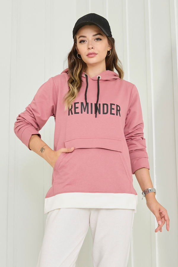 Düz Kapşonlu Yaka Kadın Pembe Sweat - 23040