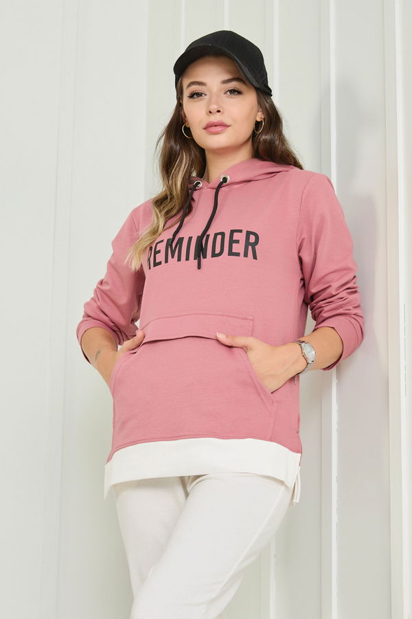 Düz Kapşonlu Yaka Kadın Pembe Sweat - 23040