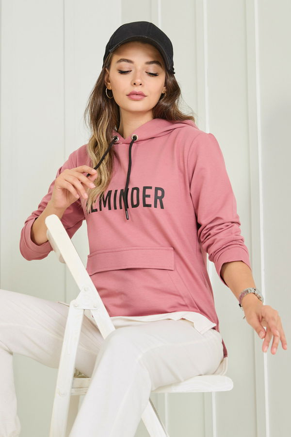 Düz Kapşonlu Yaka Kadın Pembe Sweat - 23040