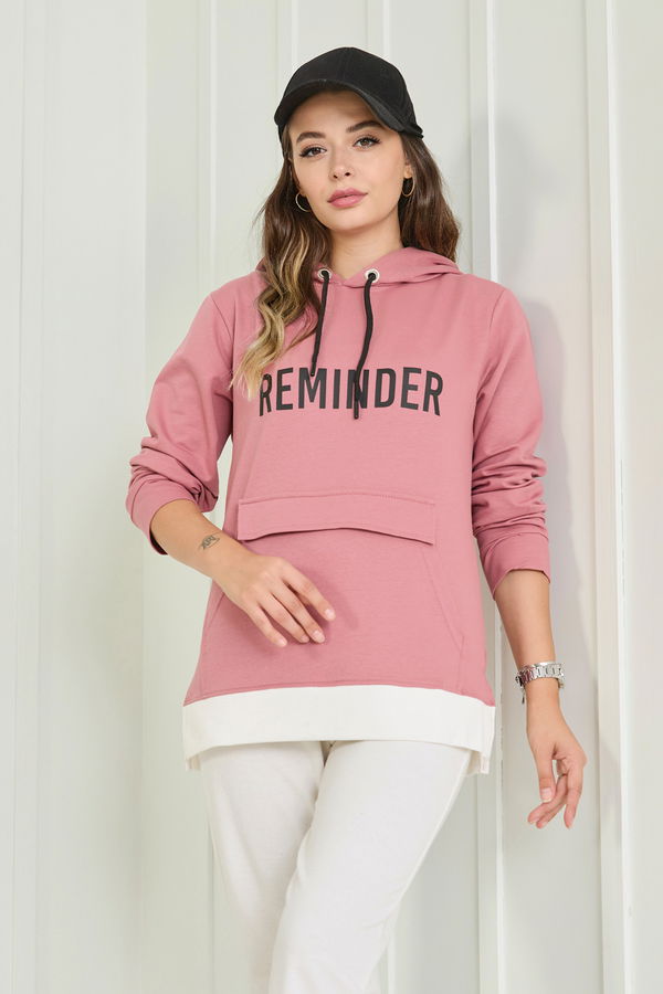 Düz Kapşonlu Yaka Kadın Pembe Sweat - 23040