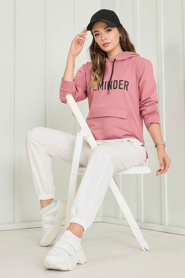 Düz Kapşonlu Yaka Kadın Pembe Sweat - 23040
