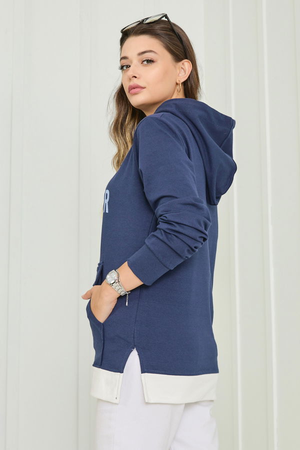 Düz Kapşonlu Yaka Kadın Lacivert Sweat - 23040