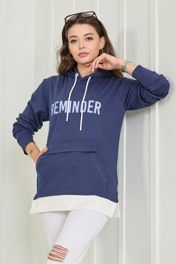 Düz Kapşonlu Yaka Kadın Lacivert Sweat - 23040