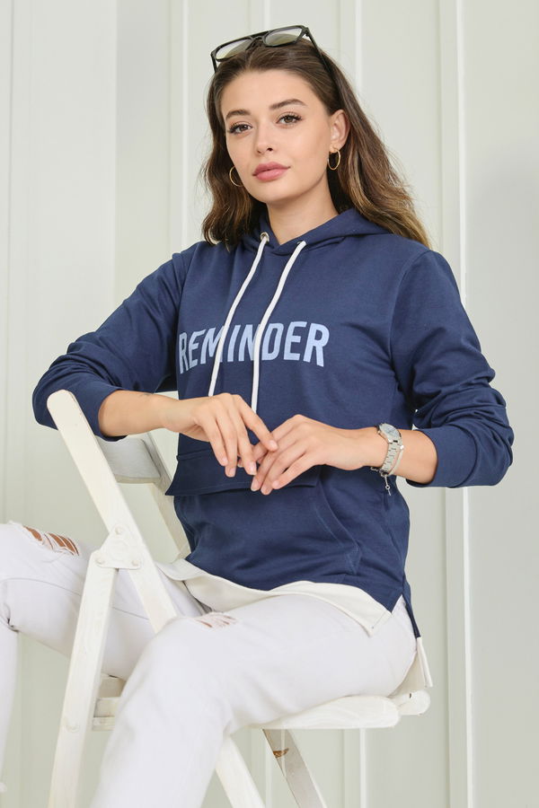 Düz Kapşonlu Yaka Kadın Lacivert Sweat - 23040