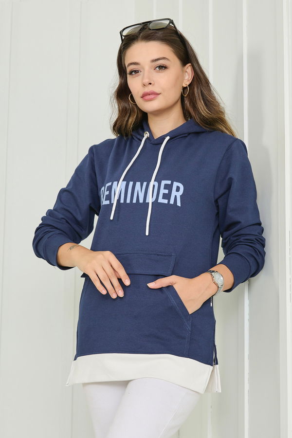 Düz Kapşonlu Yaka Kadın Lacivert Sweat - 23040