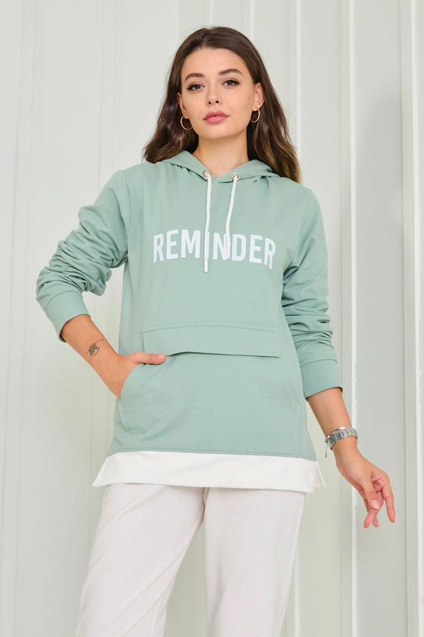 Düz Kapşonlu Yaka Kadın Yeşil Sweat - 23040