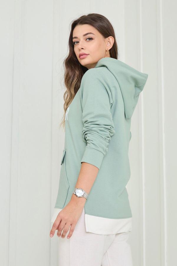Düz Kapşonlu Yaka Kadın Yeşil Sweat - 23040