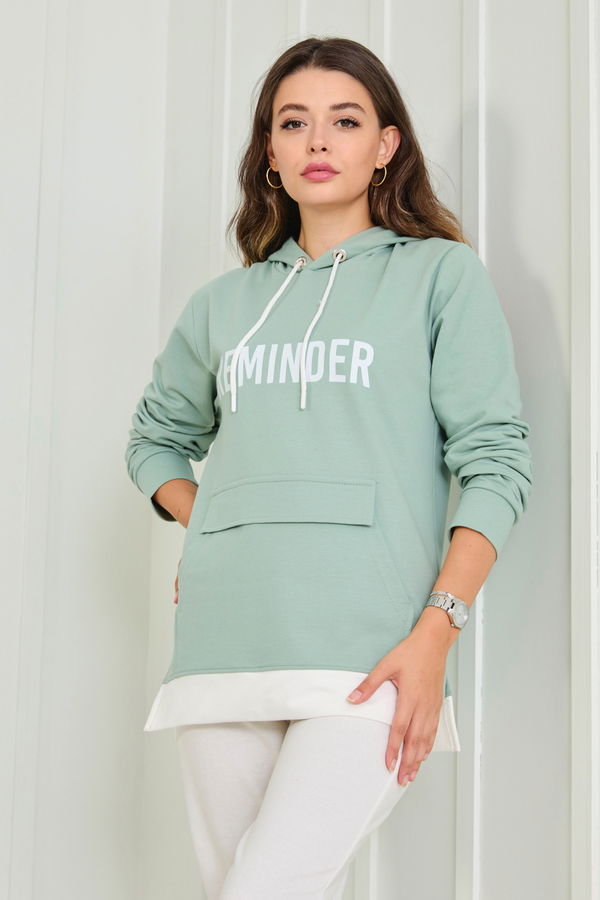 Düz Kapşonlu Yaka Kadın Yeşil Sweat - 23040