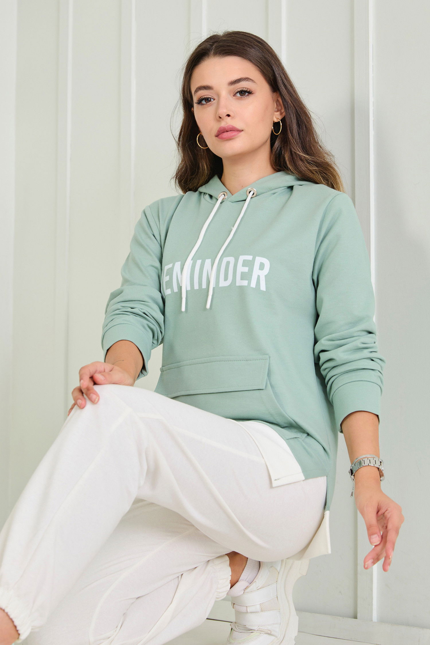 Düz Kapşonlu Yaka Kadın Yeşil Sweat - 23040