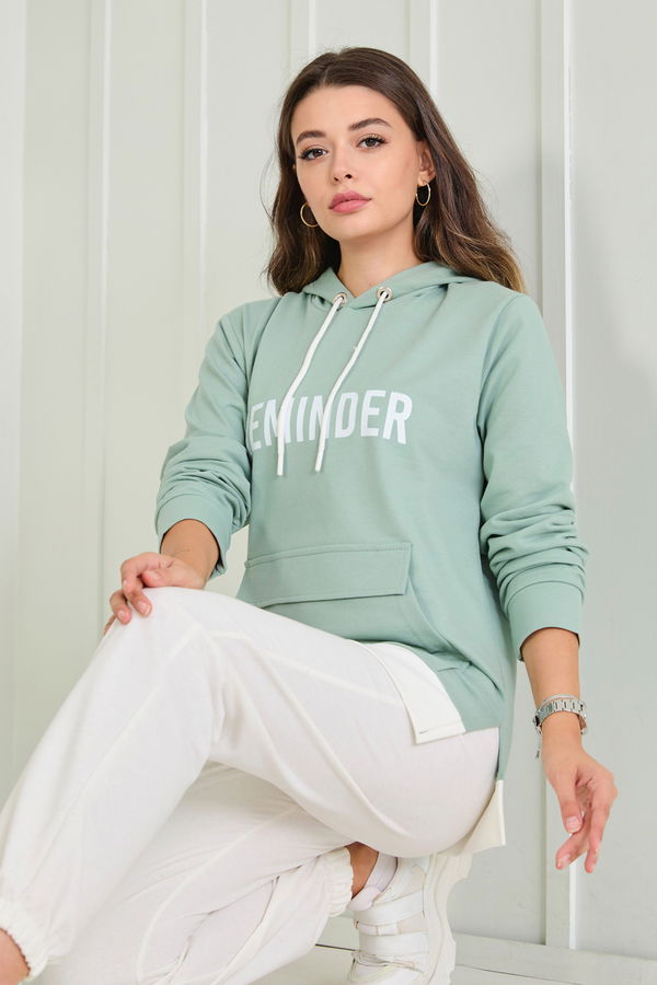 Düz Kapşonlu Yaka Kadın Yeşil Sweat - 23040