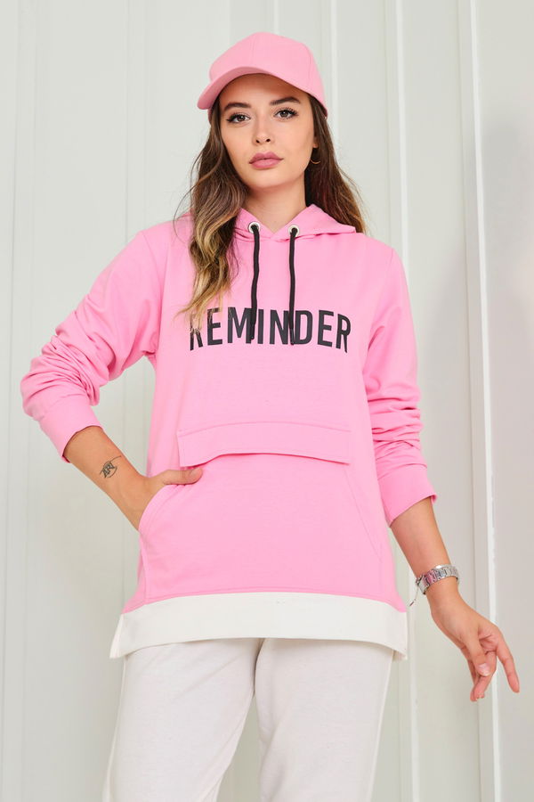Düz Kapşonlu Yaka Kadın Pembe Sweat - 23040
