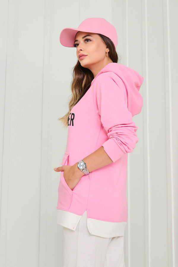 Düz Kapşonlu Yaka Kadın Pembe Sweat - 23040