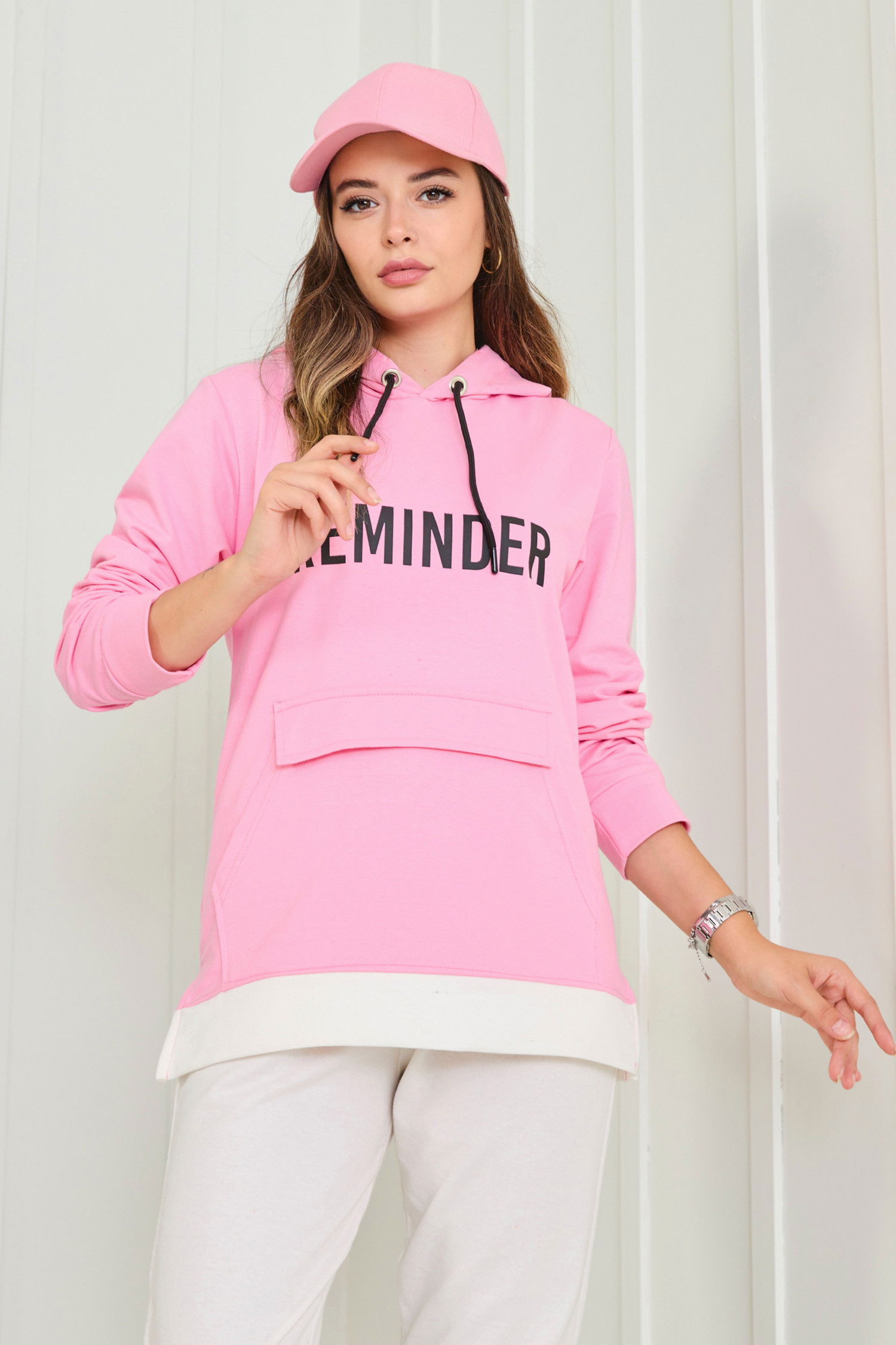 Düz Kapşonlu Yaka Kadın Pembe Sweat - 23040