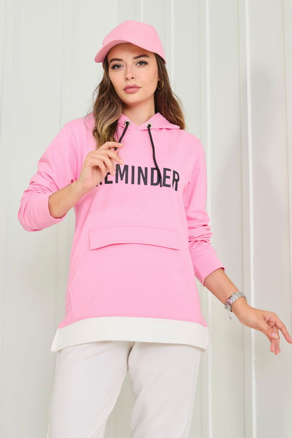 Düz Kapşonlu Yaka Kadın Pembe Sweat - 23040