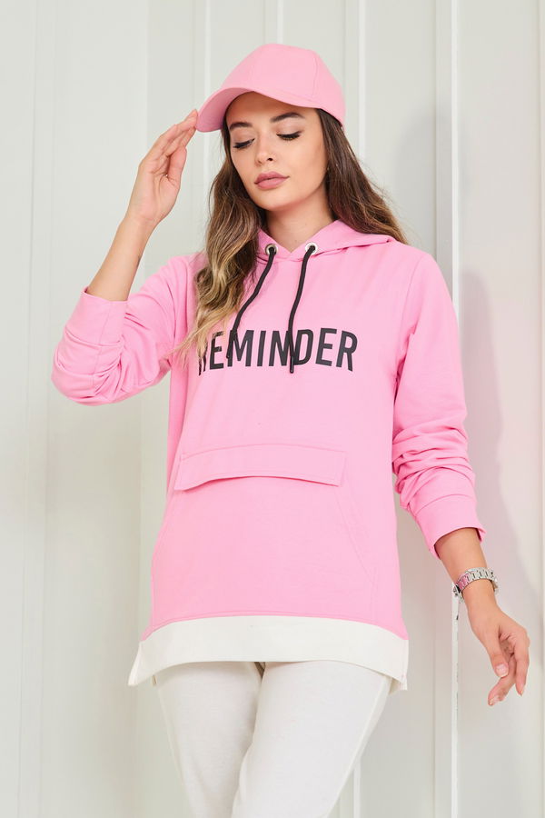 Düz Kapşonlu Yaka Kadın Pembe Sweat - 23040
