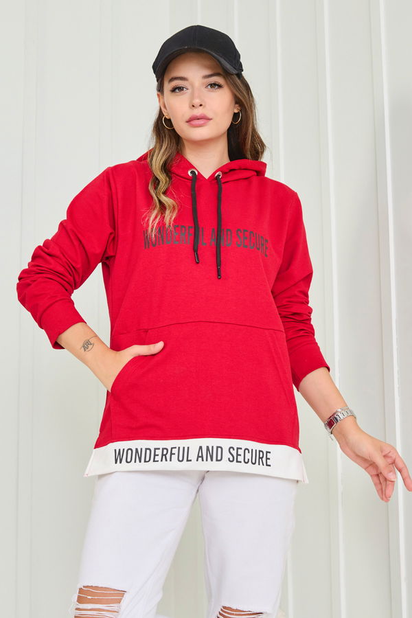 Düz Kapşonlu Yaka Kadın Bordo Sweat - 23042