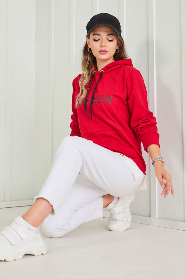 Düz Kapşonlu Yaka Kadın Bordo Sweat - 23042