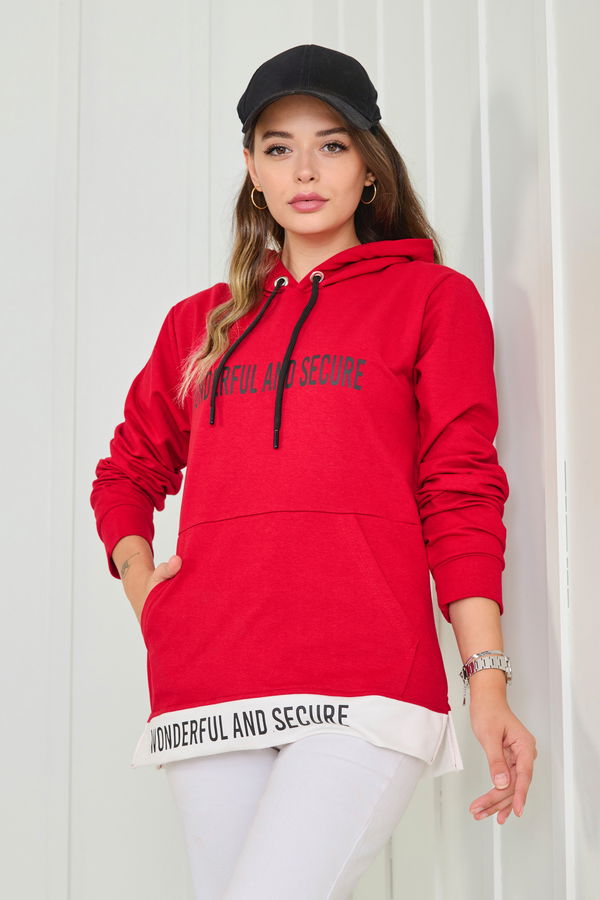 Düz Kapşonlu Yaka Kadın Bordo Sweat - 23042