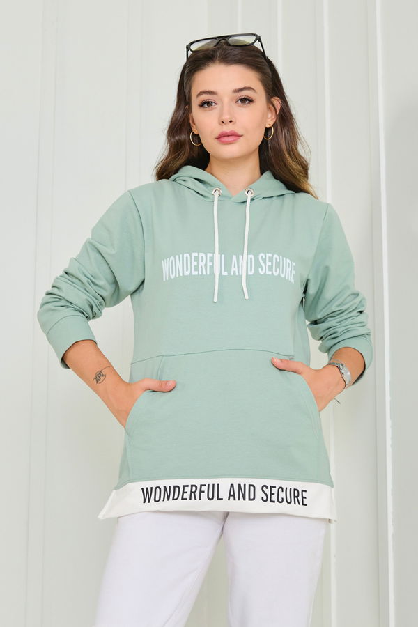 Düz Kapşonlu Yaka Kadın Yeşil Sweat - 23042