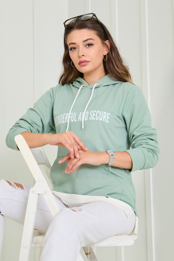 Düz Kapşonlu Yaka Kadın Yeşil Sweat - 23042