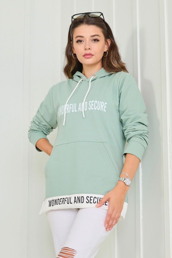 Düz Kapşonlu Yaka Kadın Yeşil Sweat - 23042