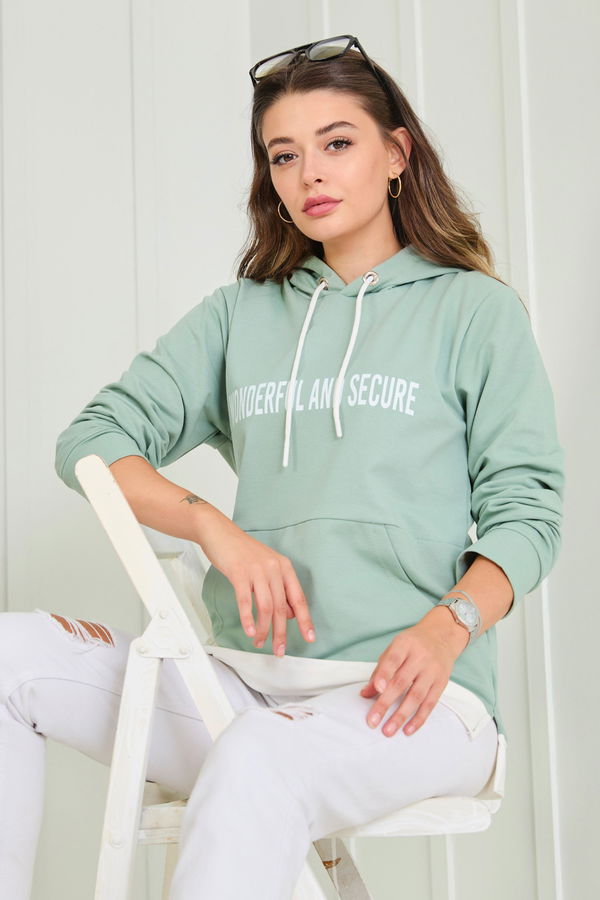 Düz Kapşonlu Yaka Kadın Yeşil Sweat - 23042