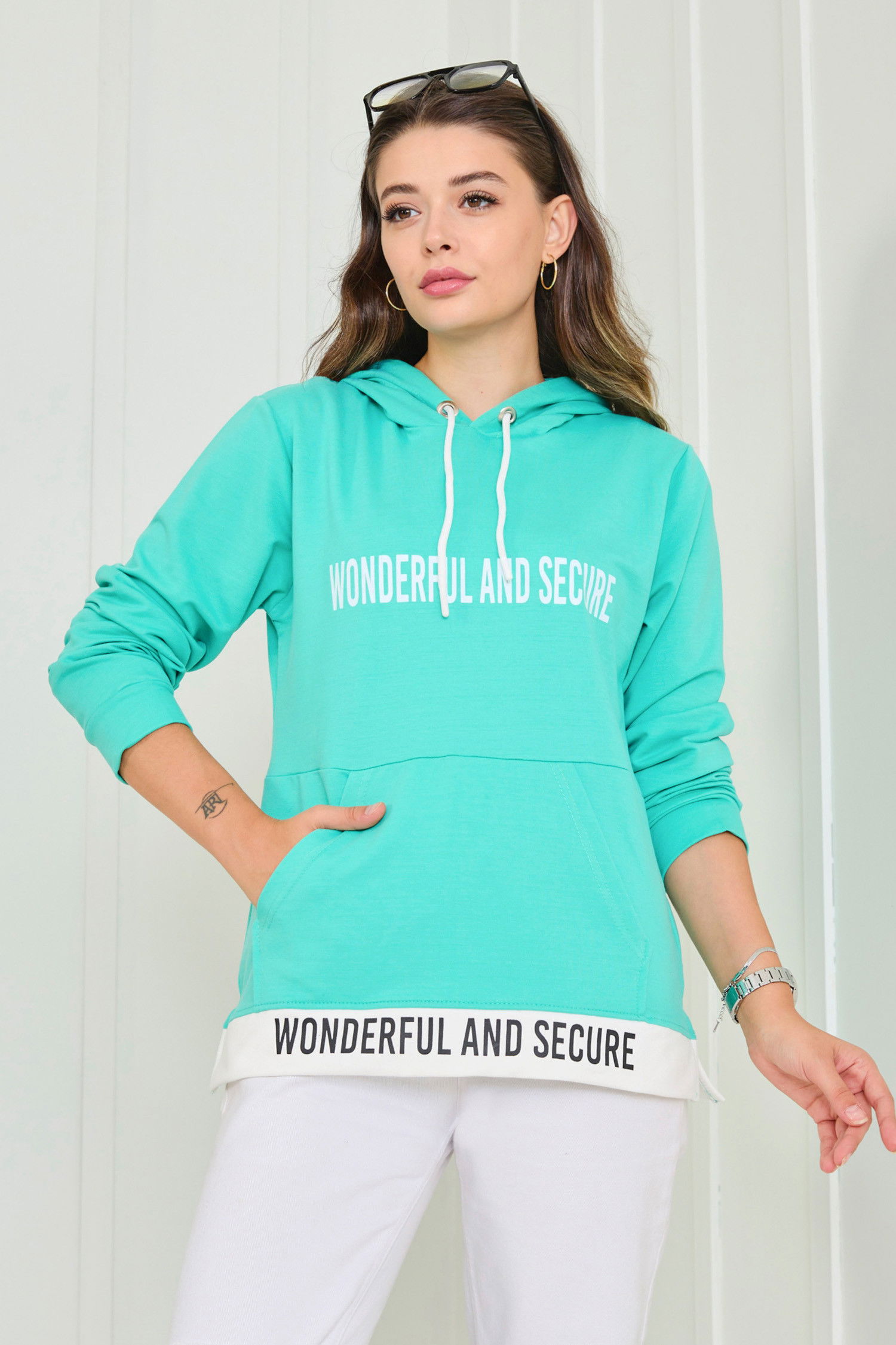 Düz Kapşonlu Yaka Kadın Yeşil Sweat - 23042