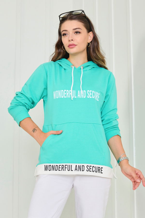 Düz Kapşonlu Yaka Kadın Yeşil Sweat - 23042