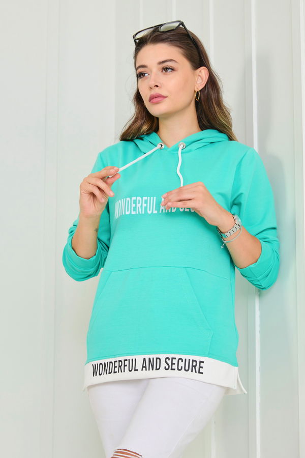 Düz Kapşonlu Yaka Kadın Yeşil Sweat - 23042