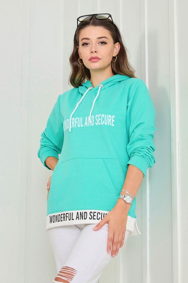 Düz Kapşonlu Yaka Kadın Yeşil Sweat - 23042