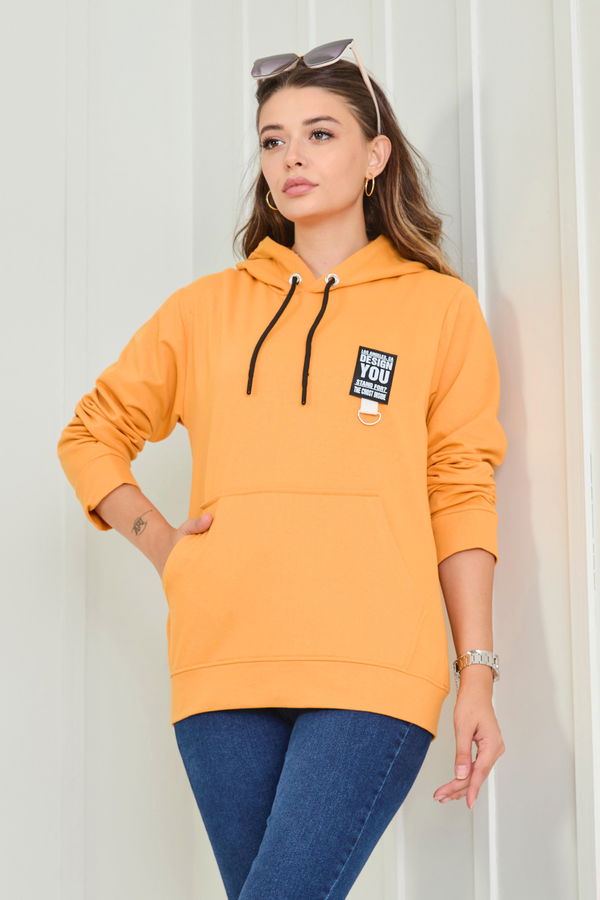 Düz Kapşonlu Yaka Kadın Sarı Sweat - 23043