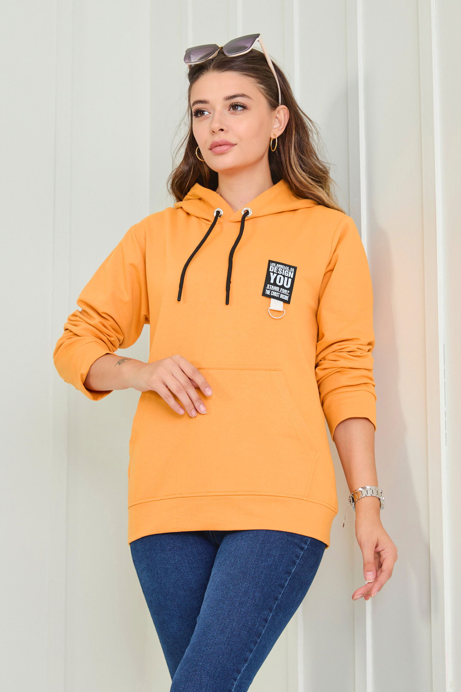Düz Kapşonlu Yaka Kadın Sarı Sweat - 23043