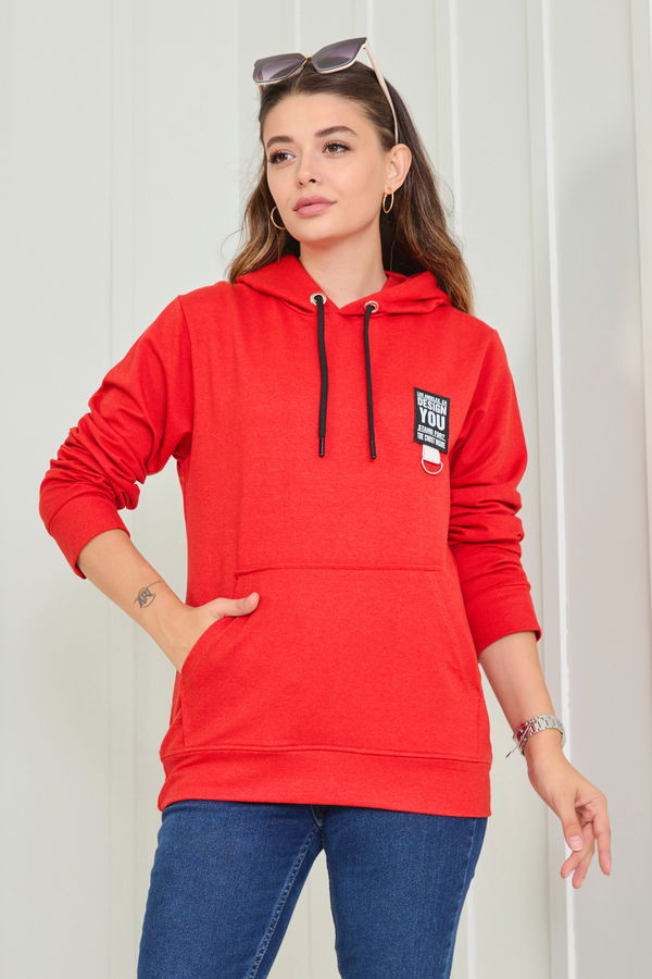 Düz Kapşonlu Yaka Kadın Bordo Sweat - 23043
