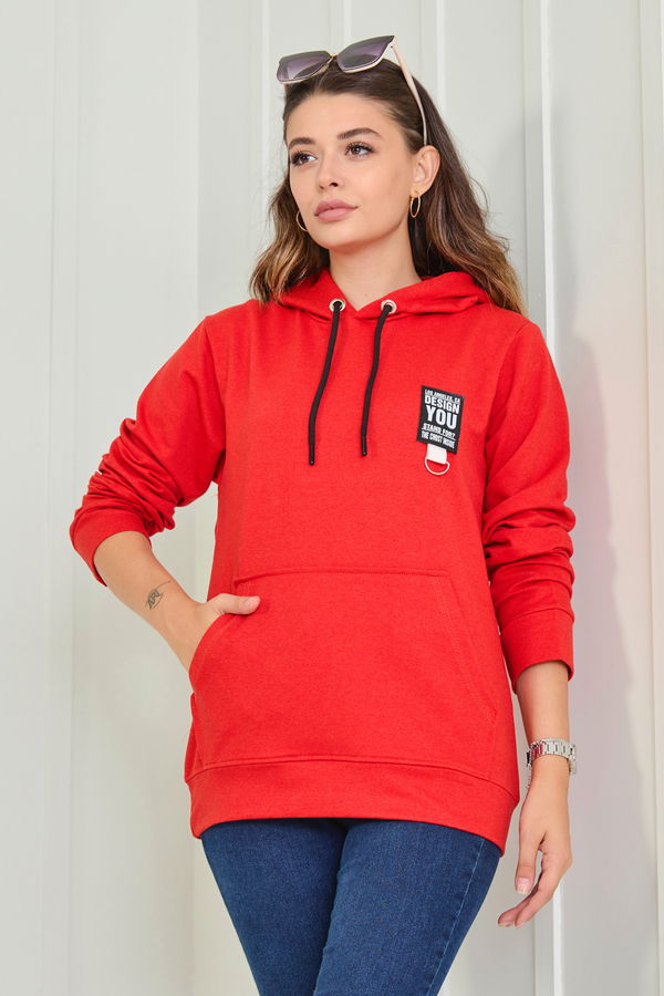 Düz Kapşonlu Yaka Kadın Bordo Sweat - 23043