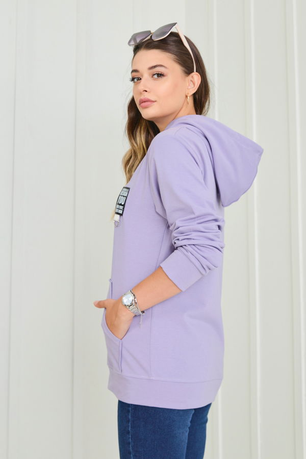Düz Kapşonlu Yaka Kadın Lila Sweat - 23043