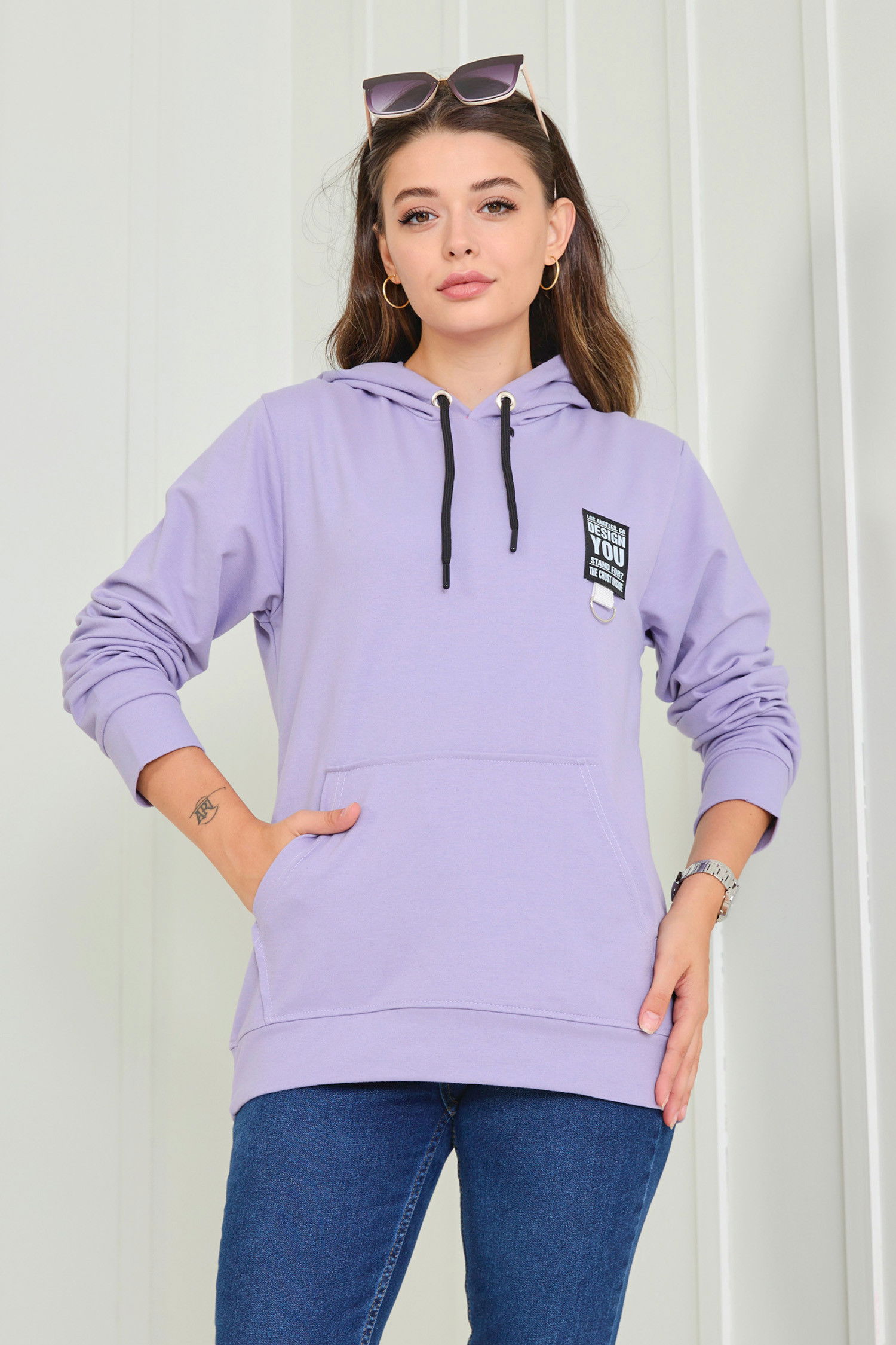 Düz Kapşonlu Yaka Kadın Lila Sweat - 23043