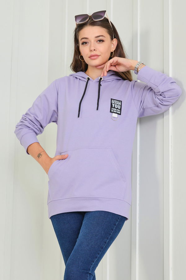 Düz Kapşonlu Yaka Kadın Lila Sweat - 23043