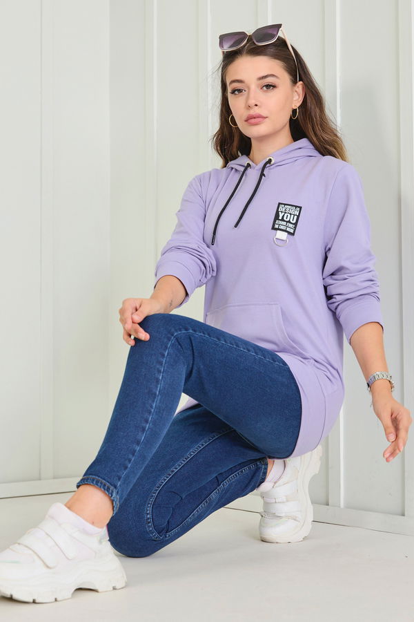 Düz Kapşonlu Yaka Kadın Lila Sweat - 23043