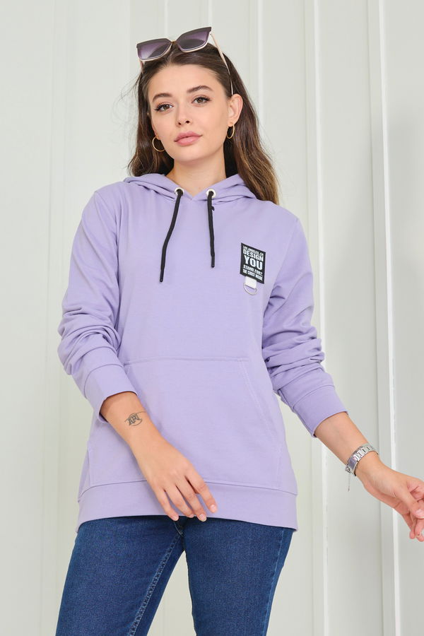 Düz Kapşonlu Yaka Kadın Lila Sweat - 23043