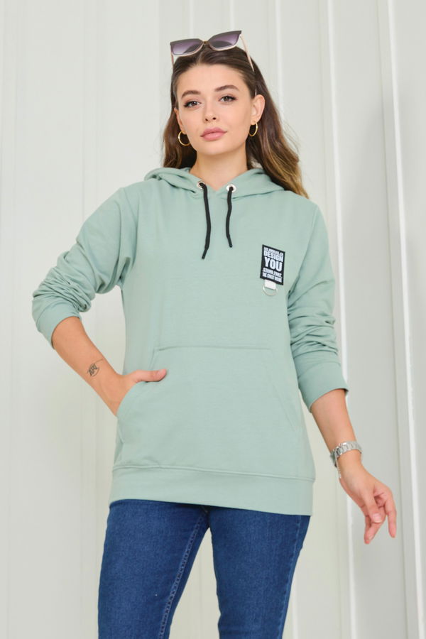 Düz Kapşonlu Yaka Kadın Yeşil Sweat - 23043
