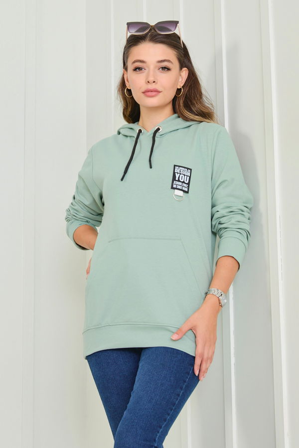 Düz Kapşonlu Yaka Kadın Yeşil Sweat - 23043